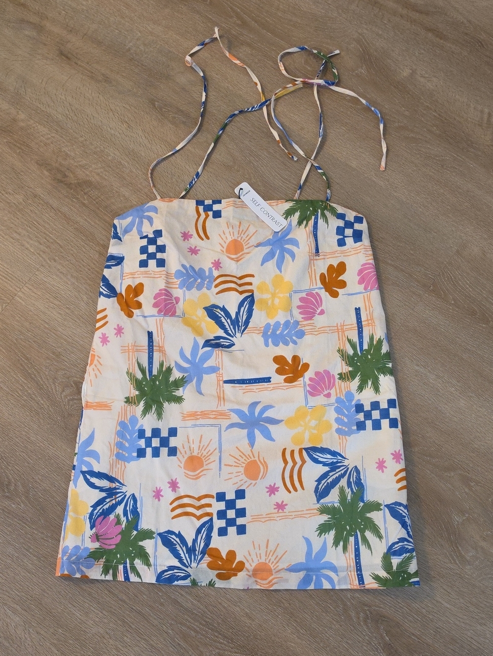 NWT Self Contrast Cotton Tropical Tie-Strap Sundress with Multi Floral Print Sm